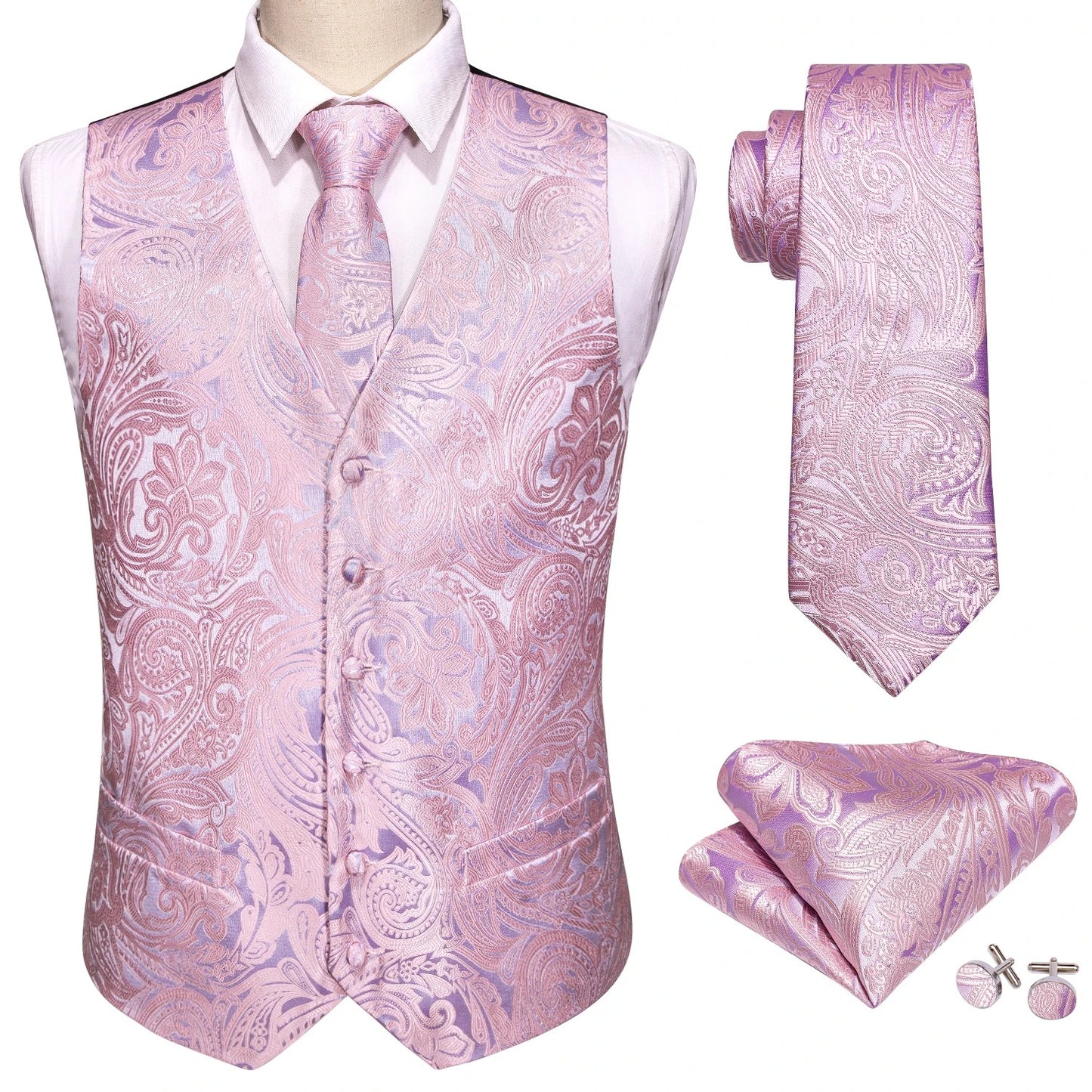 Men's Vest4-Piece Set Tie Handkerchief Cufflinks Formal Wedding Dress
