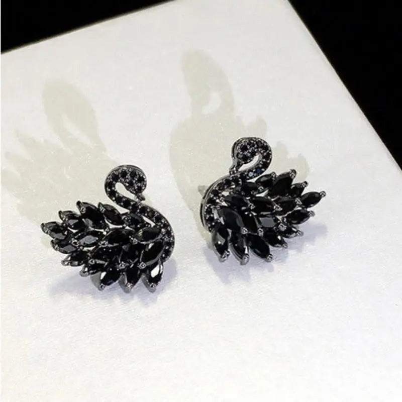legant Rhinestone Black Swan Earrings For Women Korean Fashion Zircon Swan Bird Animal Earrings Lady Party Jewelry Girls Gift
