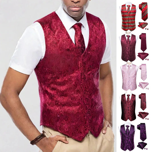 Men's Vest4-Piece Set Tie Handkerchief Cufflinks Formal Wedding Dress