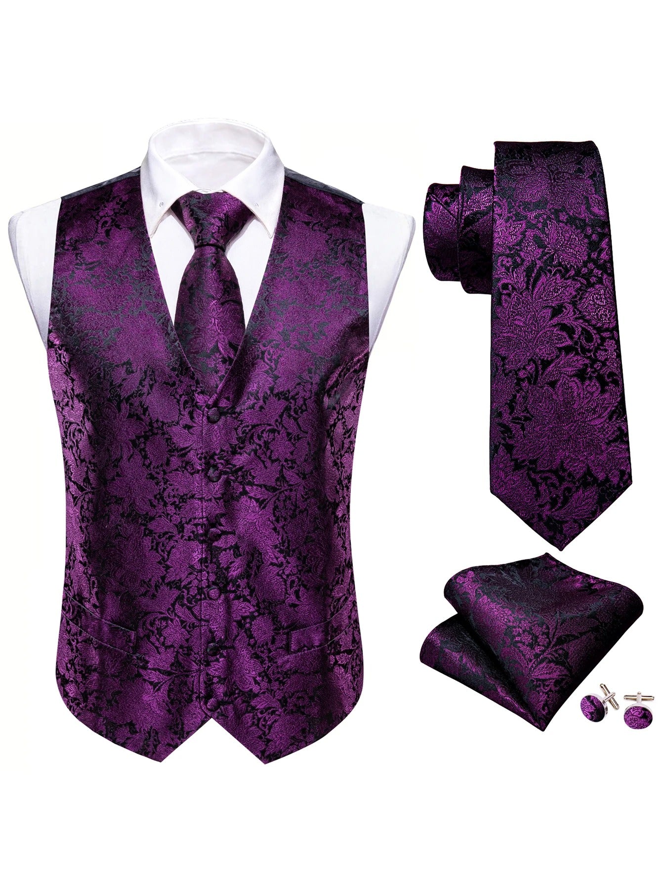 Men's Vest4-Piece Set Tie Handkerchief Cufflinks Formal Wedding Dress