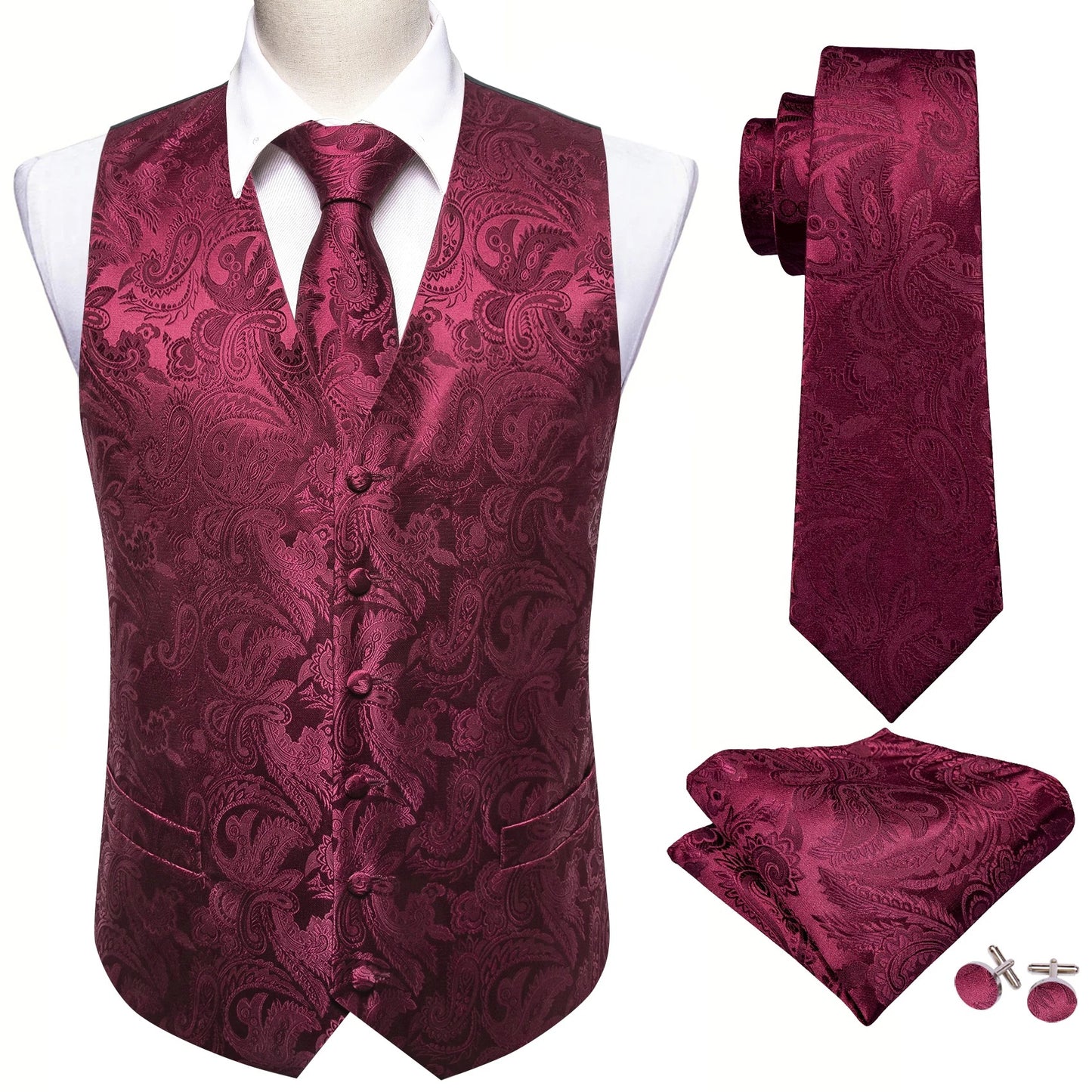 Men's Vest4-Piece Set Tie Handkerchief Cufflinks Formal Wedding Dress